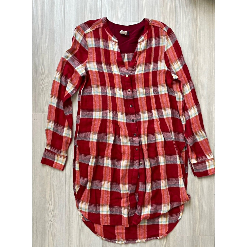 Akemi + Kin Women's Red Plaid Woven V-Neck Button-Up Long Sleeve Flannel Sz XS